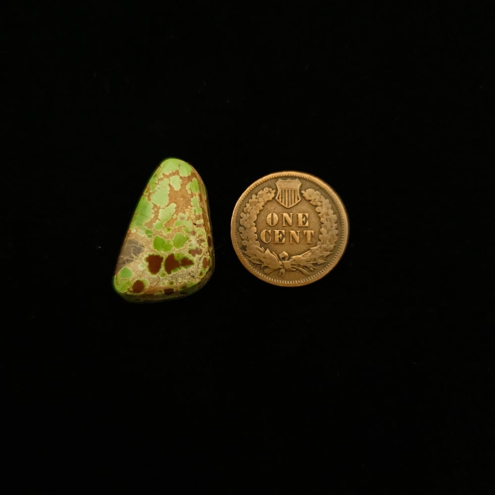 "Freeform Green Turquoise Cabochon with Brown Matrix and Red Eyes, Unique to Grasshopper Mine on TurquoiseDeluxe."