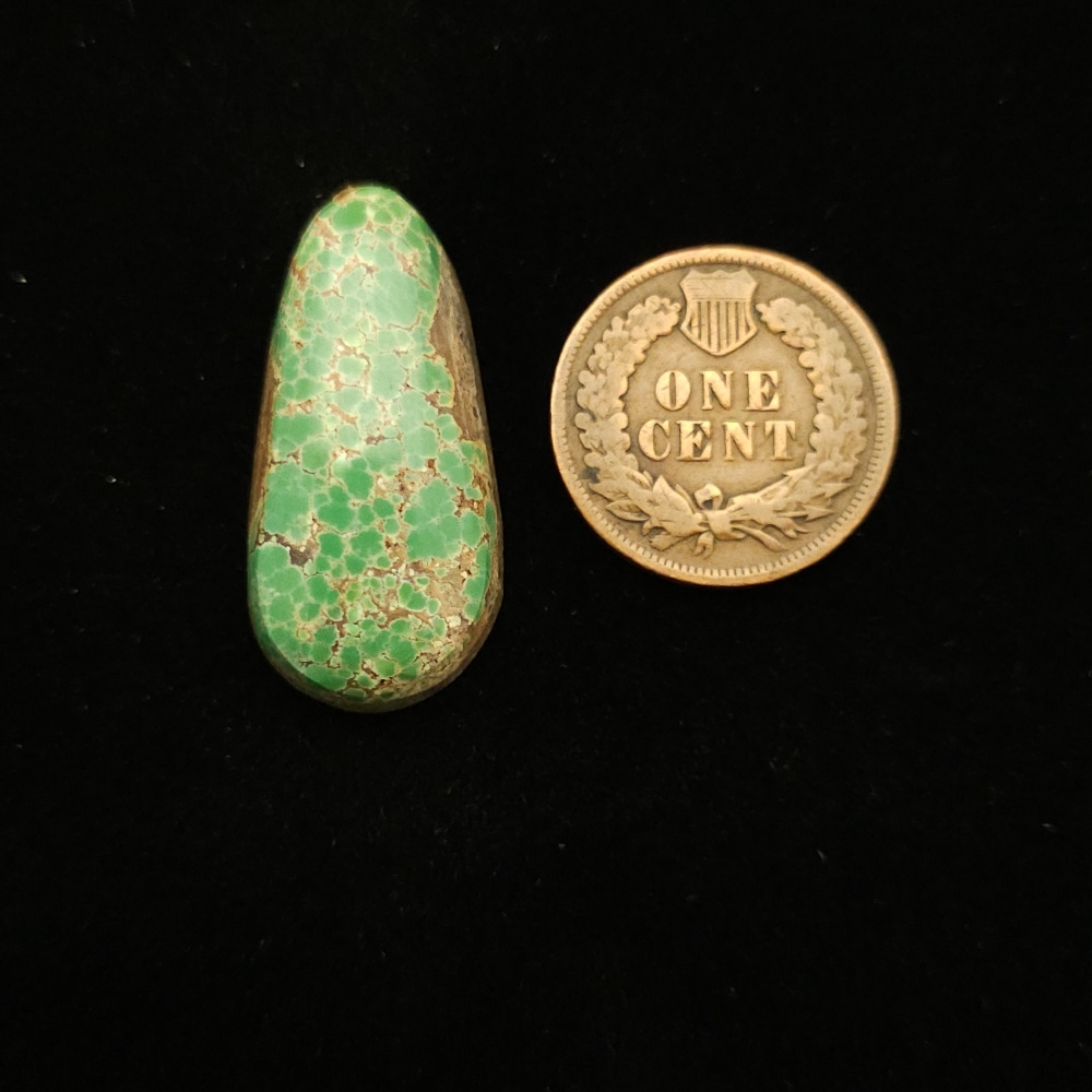 "16.80-Carat Pear-Shaped Green Turquoise Cabochon with Tight Brown Webbing from Grasshopper Mine on TurquoiseDeluxe.com"