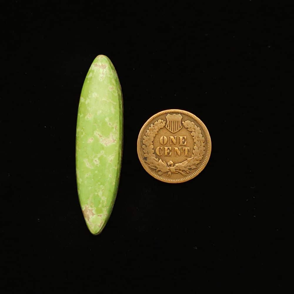 "Chartreuse Green Elliptical Turquoise Cabochon with White Webbing, 26 Carats, 45.83mm x 12.05mm from Grasshopper Mine on TurquoiseDeluxe."