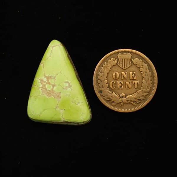 "Rounded Triangular Chartreuse Green Turquoise Cabochon with White and Brown Matrix, 15.60 Carats, 25.07mm x 19.08mm, Completely Untreated, from Grasshopper Mine on TurquoiseDeluxe."