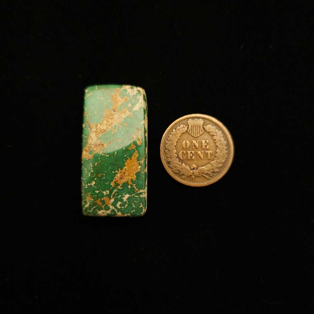 "Rectangular Emerald Green Turquoise Cabochon with Dark Gold Matrix, 31.40 Carats, 34.16mm x 17.10mm, Completely Untreated, from Grasshopper Mine on TurquoiseDeluxe."