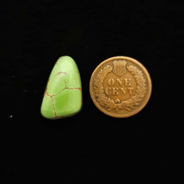 "Irregular Triangular Lime Green Turquoise Cabochon with Dark Brown Matrix, 11.25 Carats, 19.59mm x 12.57mm, Completely Untreated, from Grasshopper Mine on TurquoiseDeluxe."