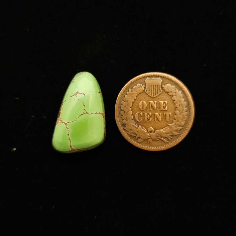 "Irregular Triangular Lime Green Turquoise Cabochon with Dark Brown Matrix, 11.25 Carats, 19.59mm x 12.57mm, Completely Untreated, from Grasshopper Mine on TurquoiseDeluxe."