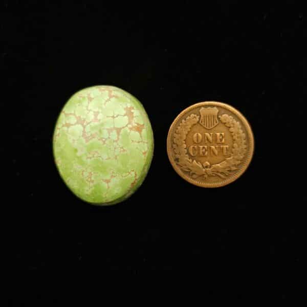 "Oval Pastel Green Turquoise Cabochon with Caramel Brown Webbing, 28.30 Carats, 26.75mm x 22.25mm, Completely Untreated, from Grasshopper Mine on TurquoiseDeluxe."