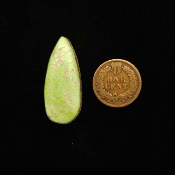 "Teardrop Fresh Green Turquoise Cabochon with Golden Brown Webbing, 19.90 Carats, 34.55mm x 15.14mm, Completely Untreated, from Grasshopper Mine on TurquoiseDeluxe."