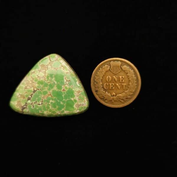 "Triangular Cabochon with Rounded Edges, Rich Hunter Green with Golden Brown Spider Web, 28.10 Carats, 27.00mm x 24.90mm, Completely Untreated, from Grasshopper Mine on TurquoiseDeluxe."