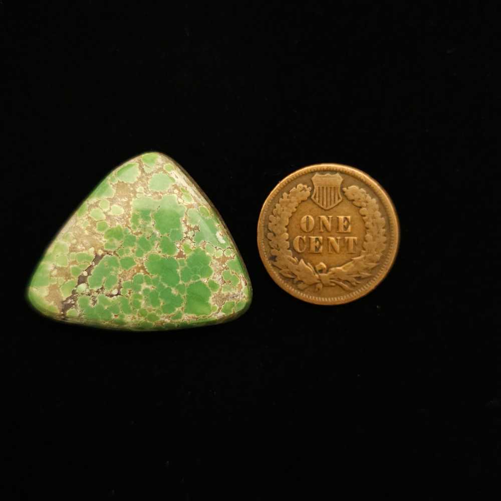 "Triangular Cabochon with Rounded Edges, Rich Hunter Green with Golden Brown Spider Web, 28.10 Carats, 27.00mm x 24.90mm, Completely Untreated, from Grasshopper Mine on TurquoiseDeluxe."