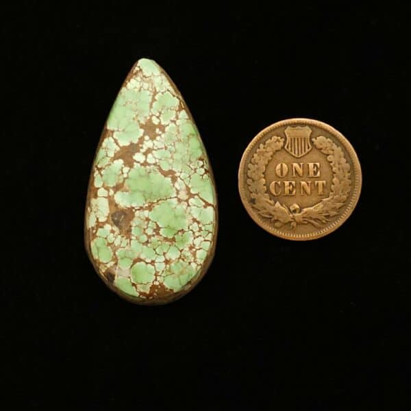 "Minty Green Grasshopper Turquoise Cabochon with White and Dark Mocha Spider Web Matrix, 32.65 Carats, 37.77mm x 20.52mm, Completely Untreated, from Grasshopper Mine on Turquoise Deluxe"