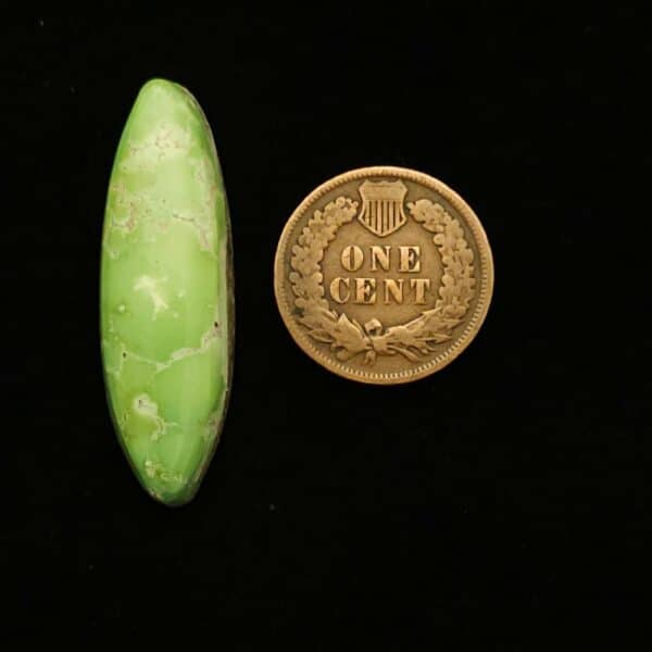 "Spring Green Grasshopper Mine Turquoise Cabochon with Wisps of White and Brown Matrix, 11.80 Carats, 27.54mm x 9.72mm, Completely Untreated, from Grasshopper Mine on Turquoise Deluxe"