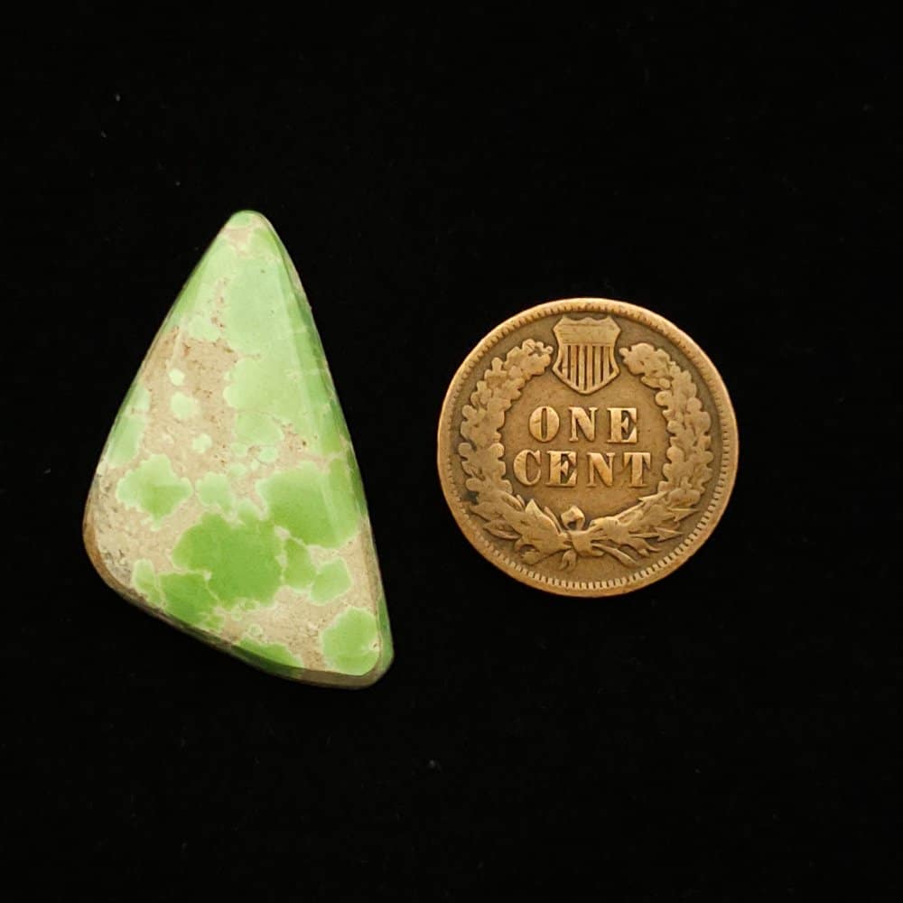 "Irregular Triangle Spring Green Grasshopper Mine Turquoise Cabochon with Light Grey Brown Matrix, 17.85 Carats, 30.35mm x 20.88mm, Completely Untreated, from Grasshopper Mine on Turquoise Deluxe"