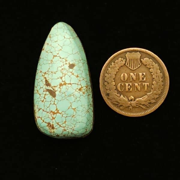 "Light Green-Blue Number 8 Mine Turquoise Cabochon with Classic Gold Spider Web Matrix, 29.30 Carats, 31.89mm x 16.41mm, Completely Untreated, from Number 8 Mine on Turquoise Deluxe"