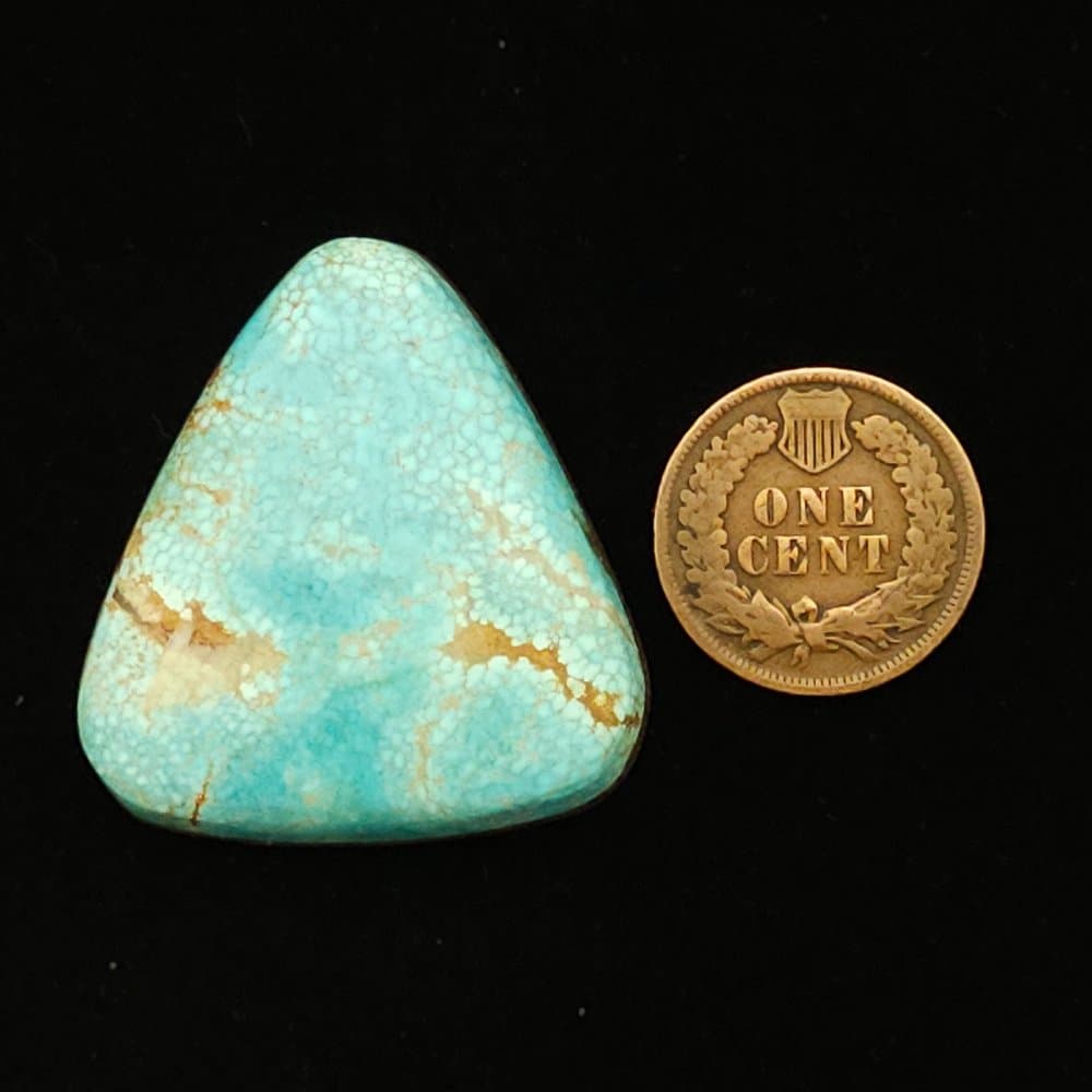 "Light Blue Number 8 Mine Turquoise Cabochon with Fine Gold Spider Web Matrix, 53.45 Carats, 35.20mm x 33mm, Completely Untreated, from Number 8 Mine on Turquoise Deluxe"