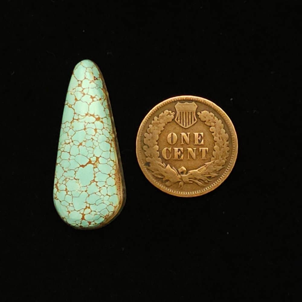 "Teal Blue Number 8 Mine Turquoise Cabochon with Gold Spider Web Matrix, 14.70 Carats, 31.64mm x 13.56mm, Completely Untreated, from Number 8 Mine on Turquoise Deluxe"