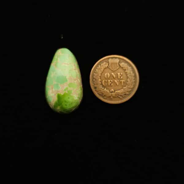 "19.75-Carat Pear-Shaped Polychrome Blue and Green Turquoise Cabochon with Tan Matrix from Grasshopper Mine on TurquoiseDeluxe."