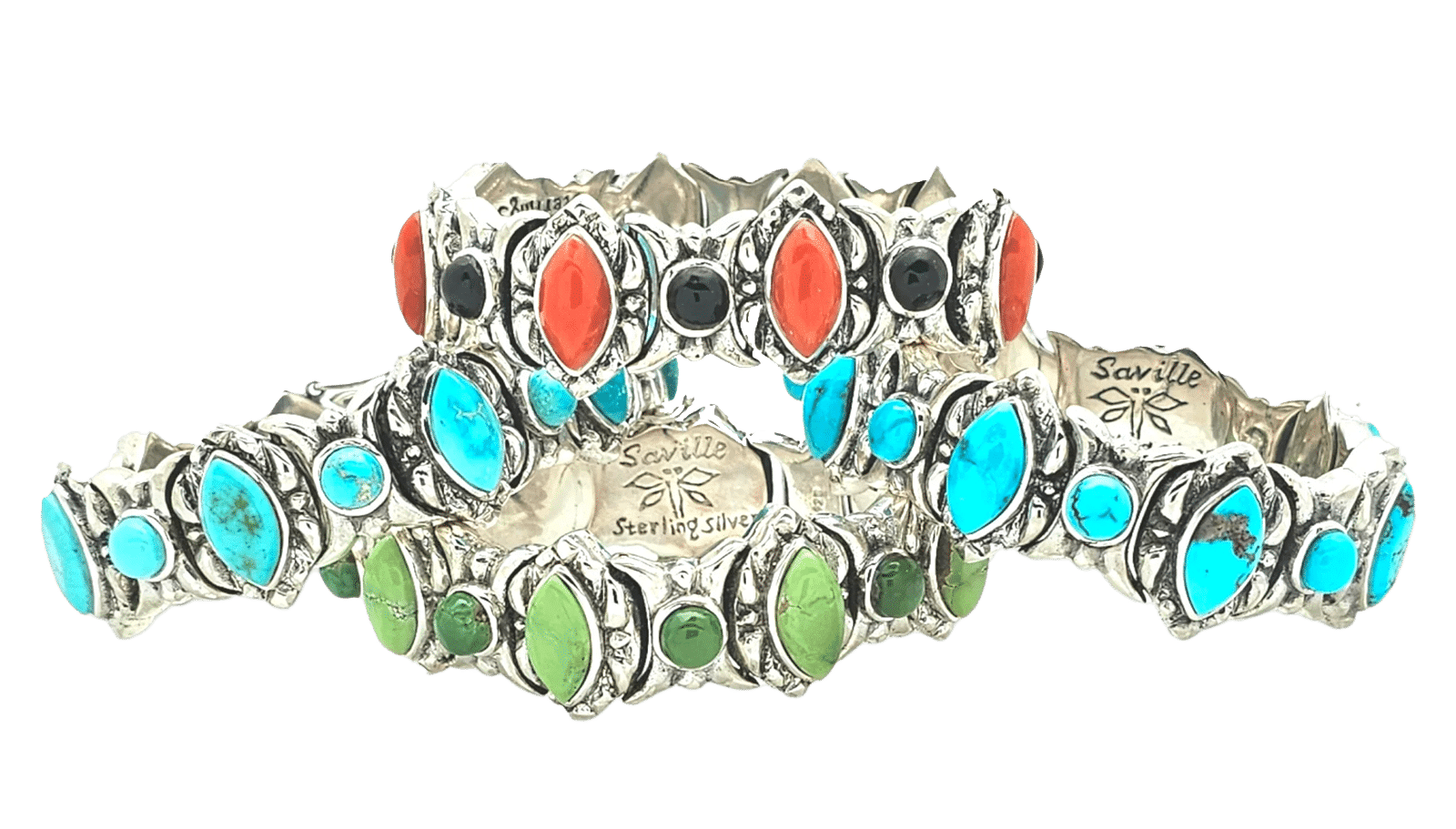 "Custom link bracelets featuring natural American turquoise and other gem-grade materials, designed by Shreve R. Saville and Native American artisans."