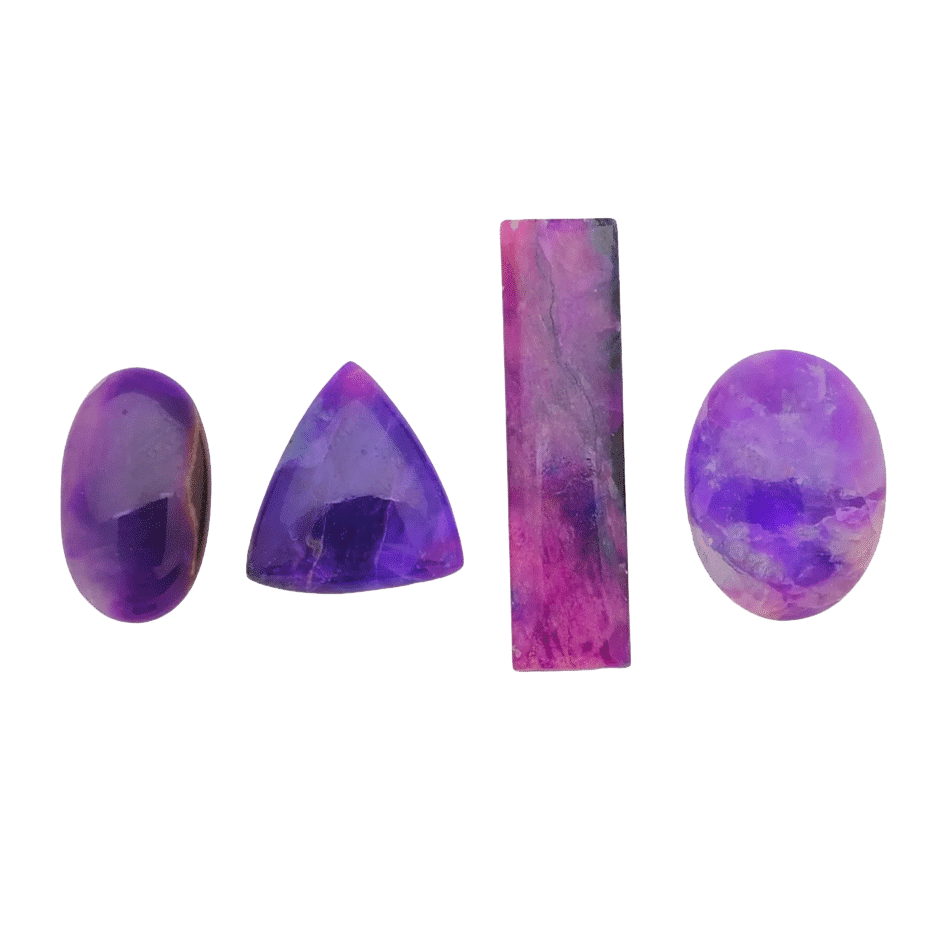 "A stunning display of natural sugilite cabochons, also known as royal lavulite, showcasing deep purple hues and exceptional quality. Perfect for collectors and jewelry artisans."