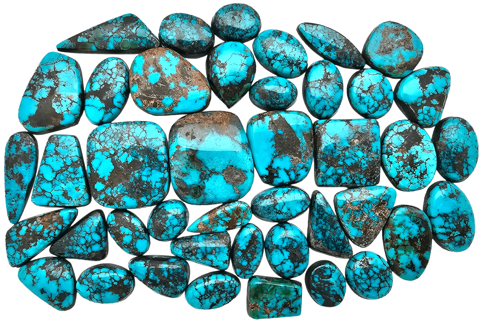 "A selection of natural top grade Thunder Mountain turquoise stones, showcasing vibrant blue hues and intricate matrix patterns."