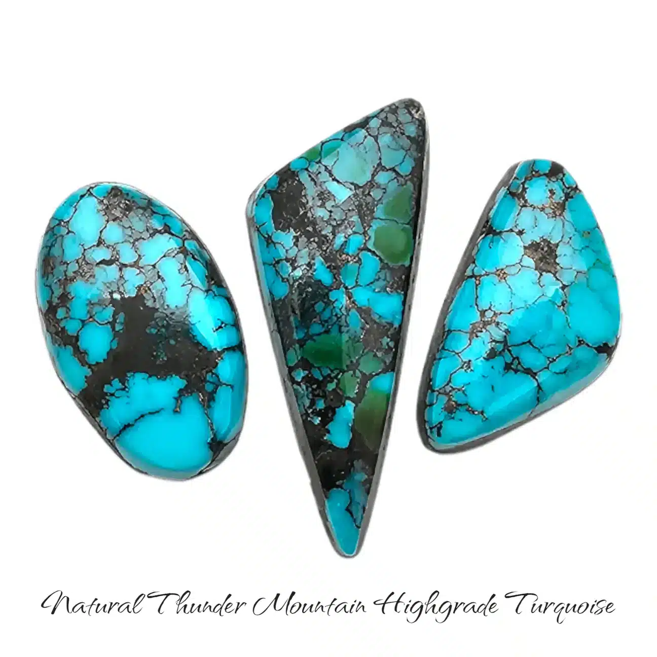 "Three high-grade Thunder Mountain turquoise stones showcasing exceptional quality and deep blue hues. Owned by Shreve R. Saville. Featured on TurquoiseDeluxe.com."