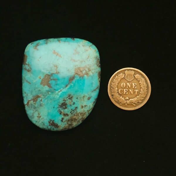 "Shield-Shaped Nacozari Mine Turquoise Cabochon with Chocolate Red Brown Wisps of Matrix, 85.90 Carats, 41.36mm x 34.86mm, Stabilized, from Nacozari Mine on Turquoise Deluxe"