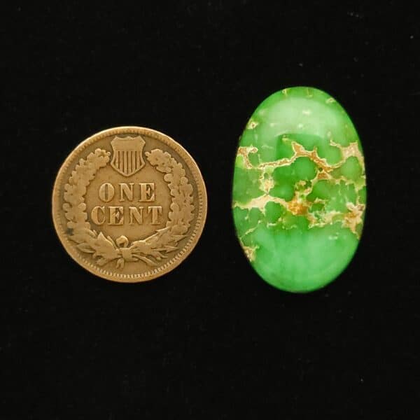 Oval Carico Lake turquoise cabochon, lively spring green with cream to reddish brown matrix, 19.55 carats