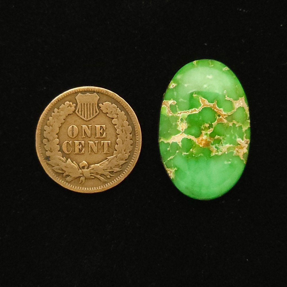 Oval Carico Lake turquoise cabochon, lively spring green with cream to reddish brown matrix, 19.55 carats