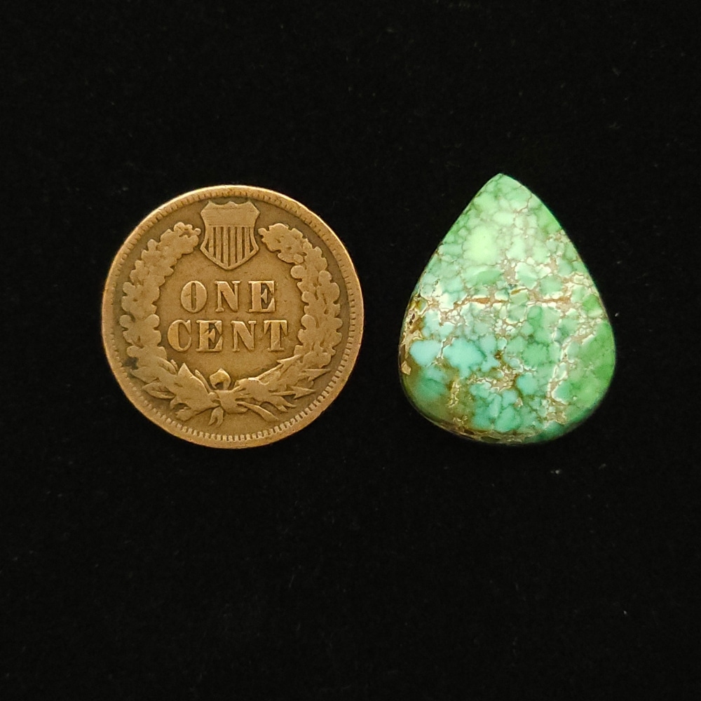 Teardrop Carico Lake turquoise cabochon, sky blue fading to grass green with tight mocha spiderweb matrix, 12.85 carats