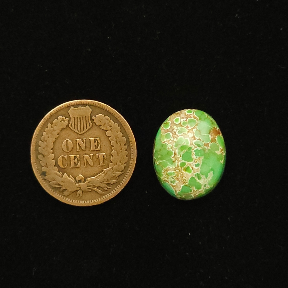 Oval Carico Lake turquoise cabochon, vivid spring green with cream and mocha spiderweb matrix, 9.90 carats